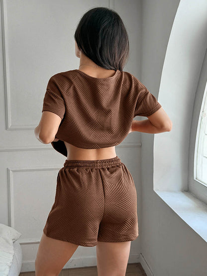 Loose Solid Color Round-Neck Short Sleeves Jacquard T-Shirts Tops + Pockets Tied Waist Shorts Two Pieces Set