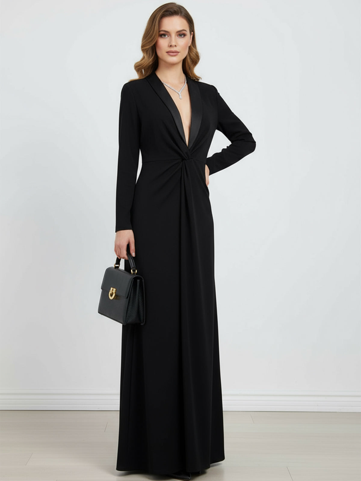 Long Sleeves Skinny Solid Color Deep V-Neck Maxi Dresses