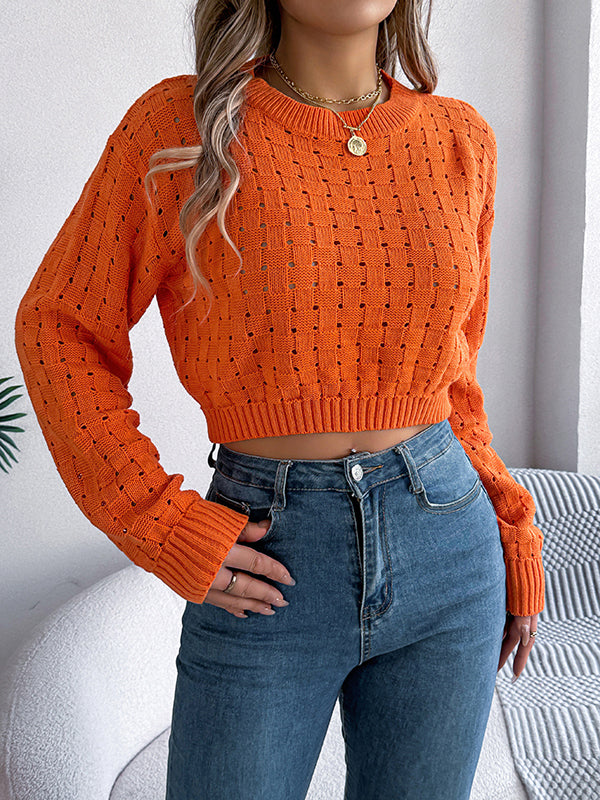 Long Sleeves Loose Backless Buttoned Hollow Solid Color Split-Joint Round-Neck Pullovers Sweater Tops