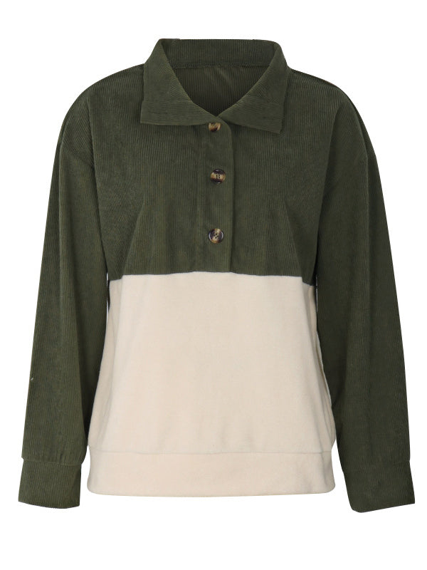 Long Sleeves Loose Buttoned Contrast Color Split-Joint Stand Collar Sweatshirt Tops