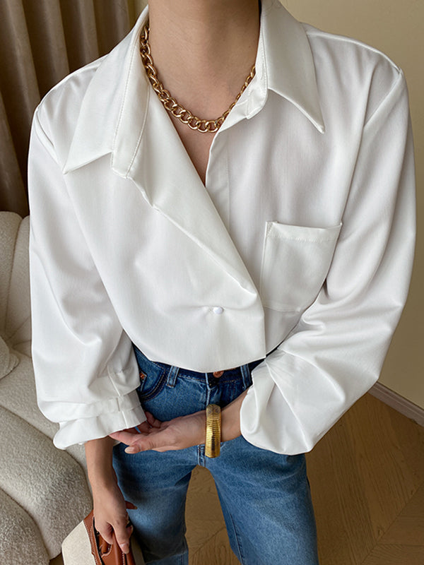 Bishop Sleeve Long Sleeves Buttoned Pockets Solid Color Split-Joint Polo Blouses&Shirts Tops