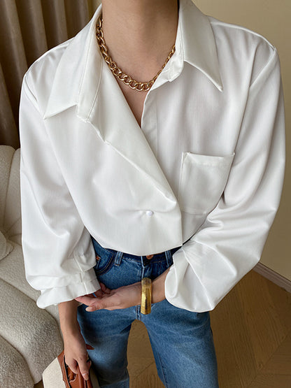 Bishop Sleeve Long Sleeves Buttoned Pockets Solid Color Split-Joint Polo Blouses&Shirts Tops