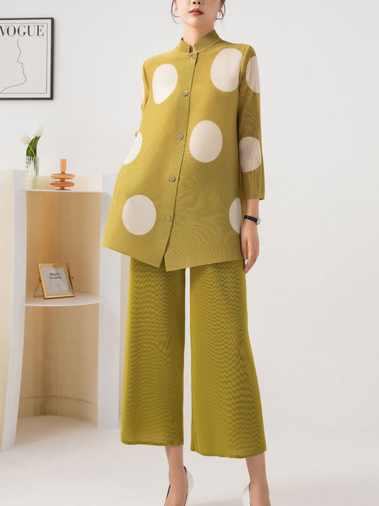 Long Sleeves Loose Pleated Polka Dot Stand Collar Top + Pants Bottomtwo Pieces Set