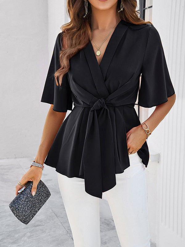 Flared Sleeves Half Sleeves Solid Color Tied V-Neck Blouses&Shirts Tops