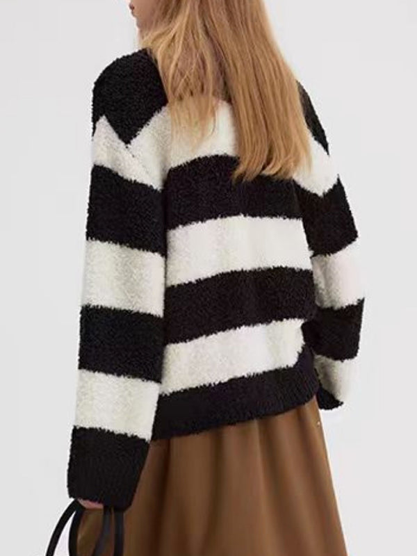 Long Sleeves Loose Contrast Color Split-Joint Striped Round-Neck Pullovers Sweater Tops