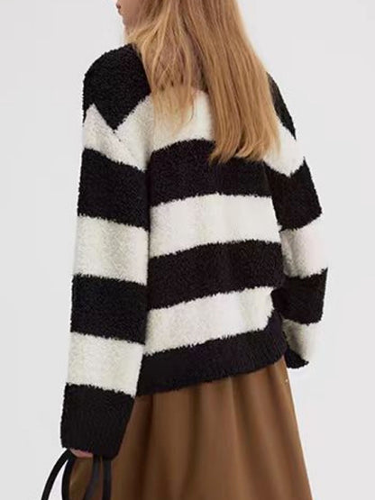 Long Sleeves Loose Contrast Color Split-Joint Striped Round-Neck Pullovers Sweater Tops