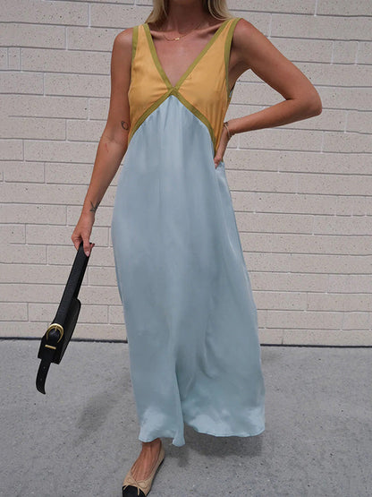 Loose Sleeveless Contrast Color Split-Joint Deep V-Neck Maxi Dresses