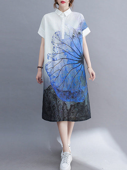 Loose Short Sleeves Buttoned Floral Printed Lapel Collar Midi Dresses Shirt Dress