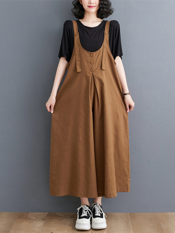 Ninth Pants Wide Leg Buttoned Solid Color Spaghetti-Neck Overalls