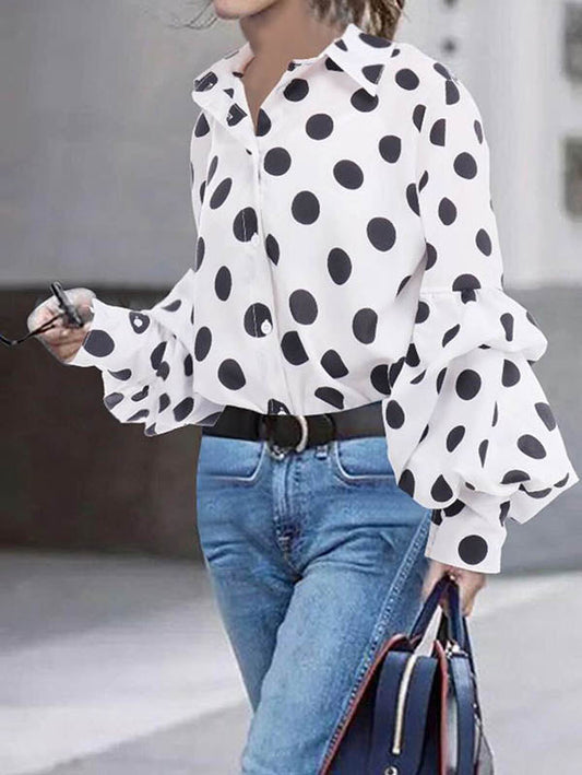 Long Sleeves Loose Buttoned Polka-Dot Split-Joint Lapel Blouses&Shirts Tops