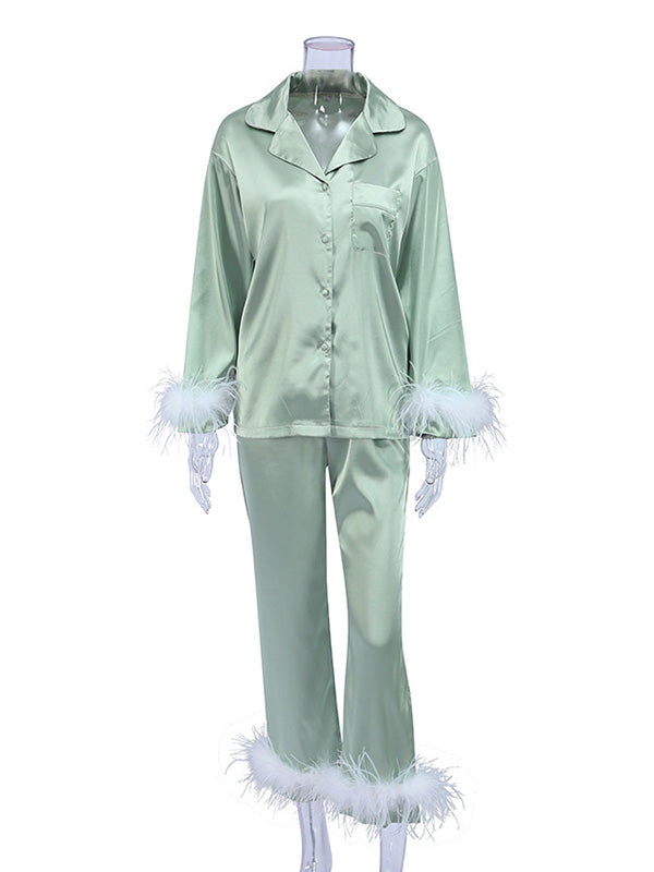 Long Sleeves Buttoned Feathers Split-Joint Notched Collar Shirts Top + Pants Bottom Pajama Sets