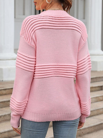 Long Sleeves Loose Hollow Solid Color Round-Neck Knitwear Pullovers Sweater Tops