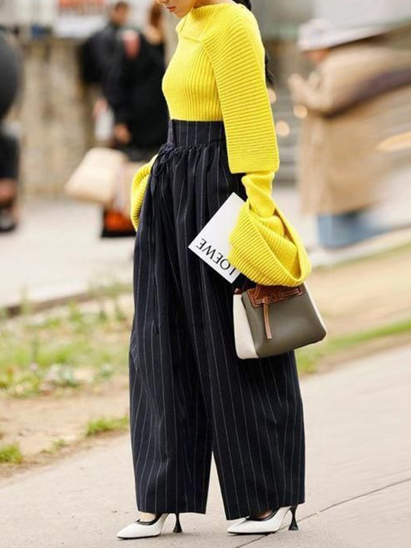 High Waisted Loose Drawstring Pleated Split-Joint Striped Pants Trousers