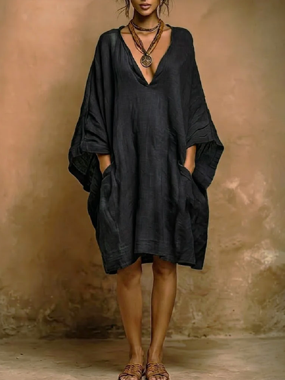 Batwing Sleeves Loose Pockets Solid Color Deep V-Neck Mini Dresses