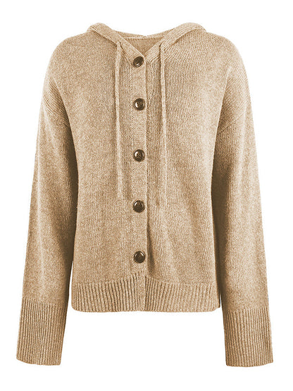 Wrap Buttoned Hooded Solid Color Cardigan