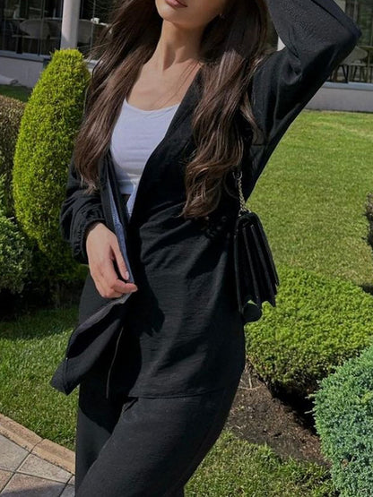 Solid Color Long Sleeves Hooded Split-Side Collarless Shirts Top   High Waisted Pants Bottom Two Pieces Set