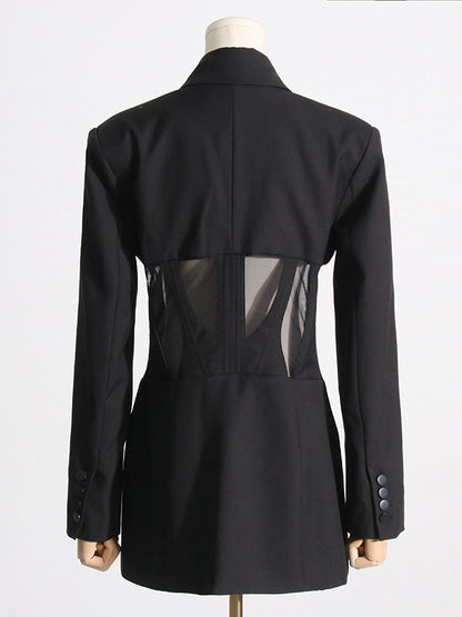 Long Sleeves Buckle Gauze See-Through Solid Color Split-Joint Notched Collar Blazer
