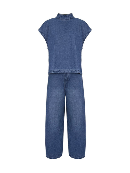 High Waisted Loose Pockets Solid Color Mock Neck Suits Vest Top + Pants Bottom Two Pieces Set