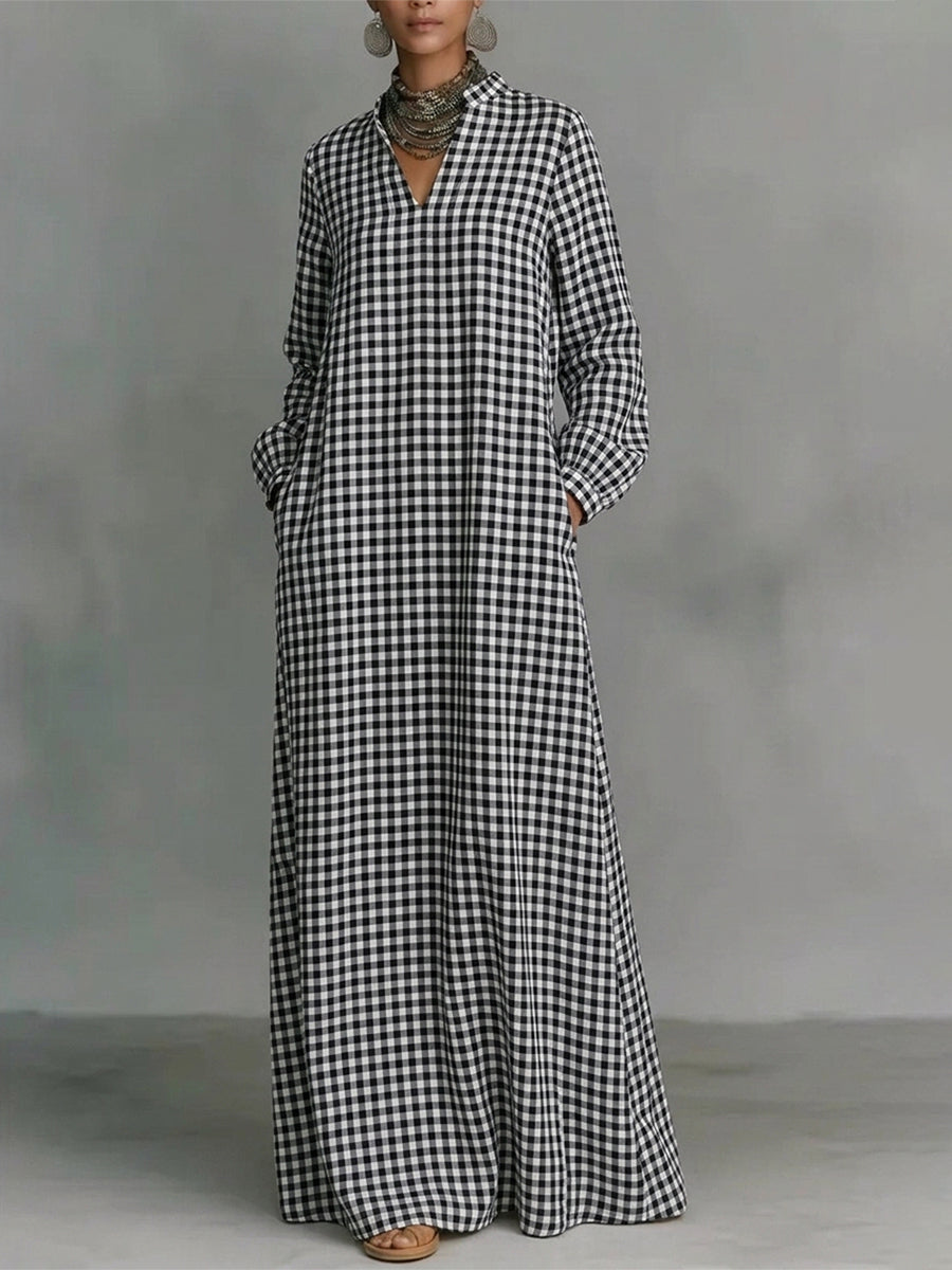 Pockets Plain Contrast Color Puff Sleeves Loose V-neck Maxi Dresses