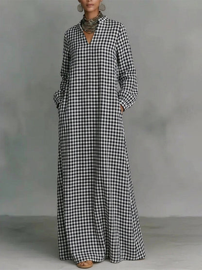 Pockets Plain Contrast Color Puff Sleeves Loose V-neck Maxi Dresses