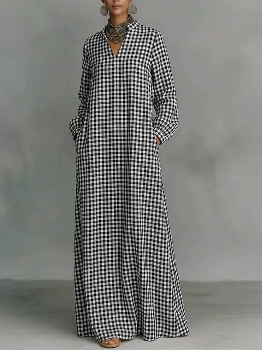Pockets Plain Contrast Color Puff Sleeves Loose V-neck Maxi Dresses