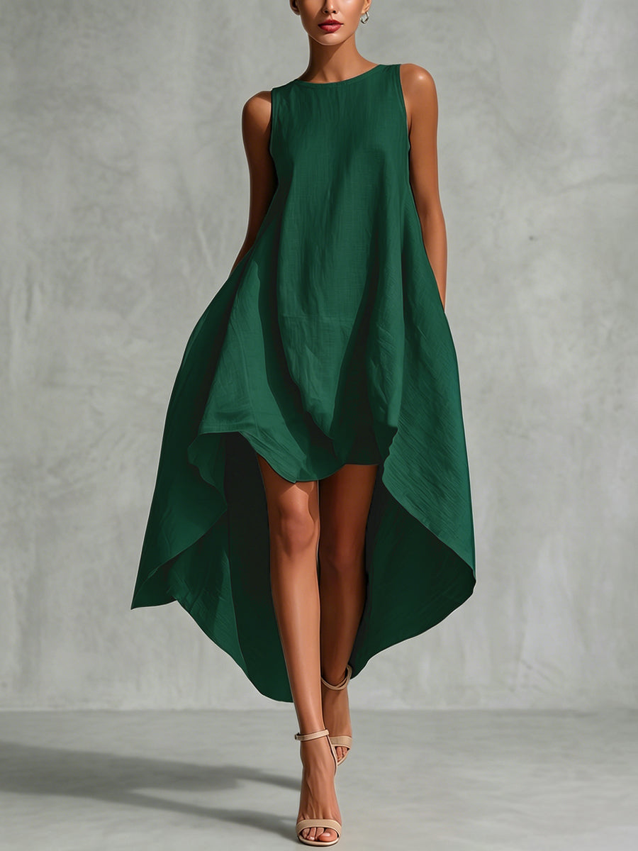 A-Line High-Low Solid Color Zipper Round-Neck Maxi Dresses