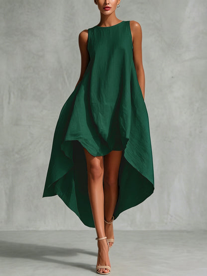 A-Line High-Low Solid Color Zipper Round-Neck Maxi Dresses
