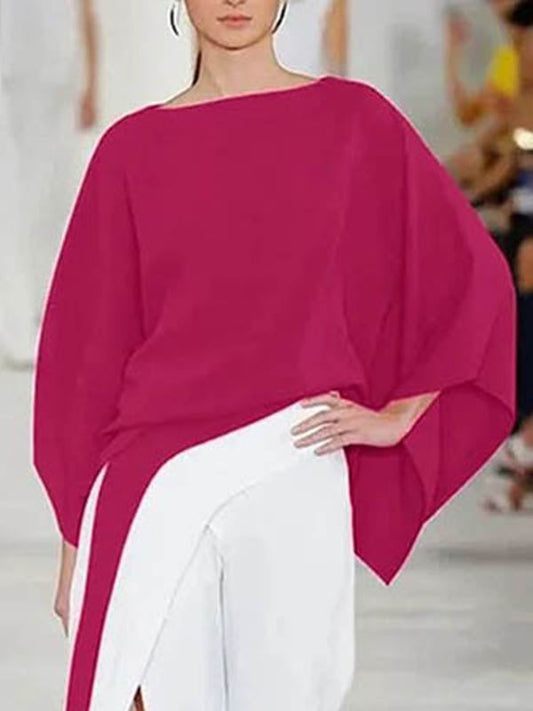 Batwing Sleeves Loose Solid Color Split-Joint Round-Neck Blouses
