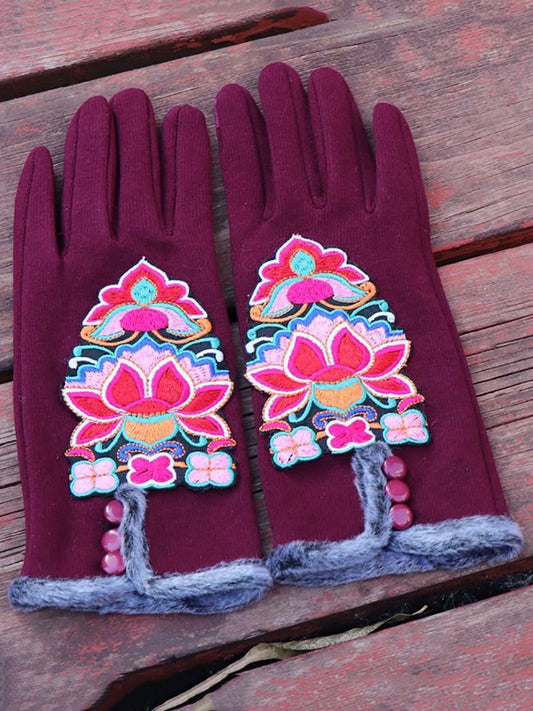 Women Ethnic Winter Embroidery Fleece-lined Gloves