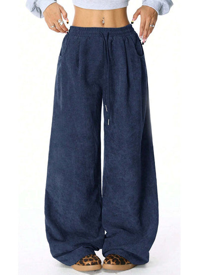 High Waisted Wide Leg Drawstring Elasticity Pockets Solid Color Pants Trousers