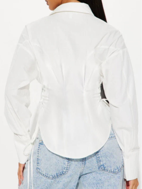 Long Sleeves Buttoned Solid Color Tied Waist Lapel Blouses&Shirts Tops