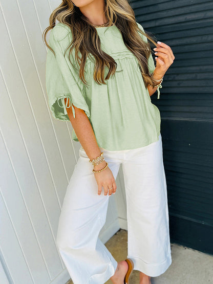 Half Sleeves Loose Drawstring Pleated Solid Color Split-Joint Round-Neck Blouses&Shirts Tops