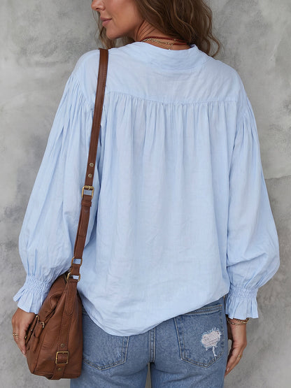 Long Sleeves Loose Buttoned Pleated Solid Color Lapel Blouses&Shirts Tops