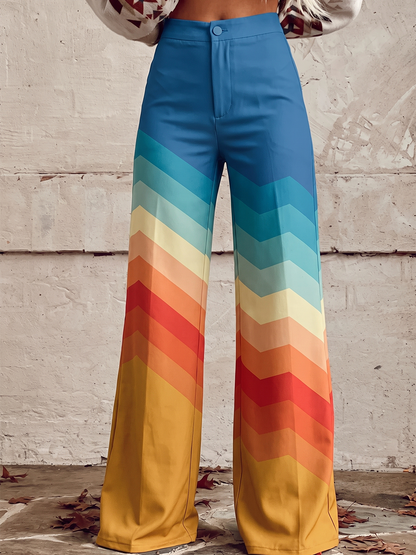Printed Pockets Buttoned Wide Leg Plus Size Trousers Pants