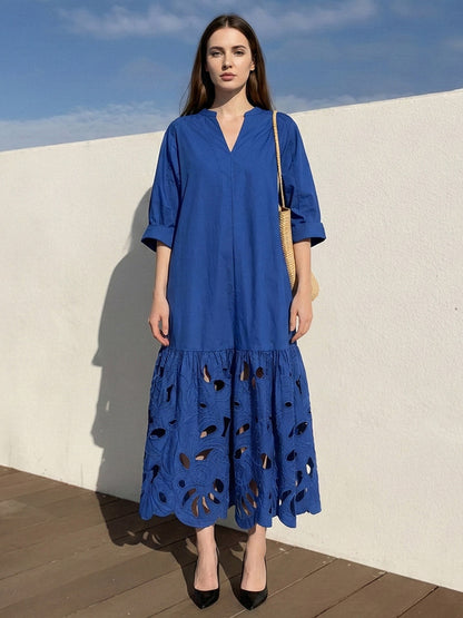 A-Line Long Sleeves Hollow Pleated Solid Color Split-Joint V-Neck Maxi Dresses