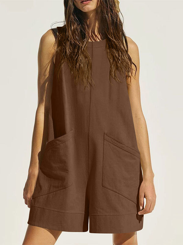 Loose Sleeveless Pockets Solid Color Round-Neck Rompers