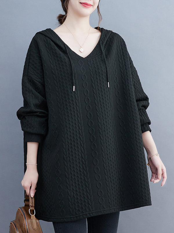 Hooded Long Sleeves Drawstring Jacquard Solid Color Split-Joint Hoodies Tops