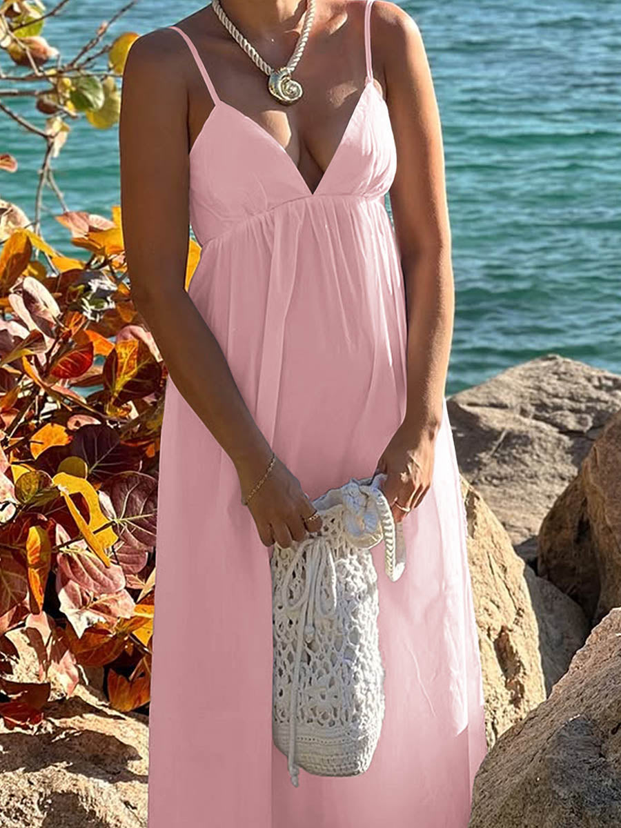 Solid Color Pleated Elasticity Backless Sleeveless High Waisted Spaghetti-Neck Midi Dresses