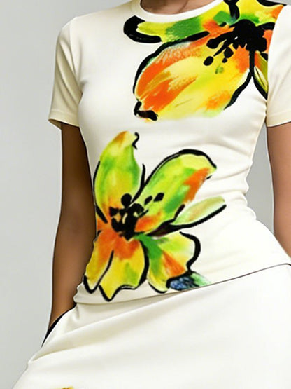 Short Sleeves Flower Print Round-Neck T-Shirts Tops