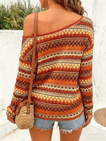 Striped Contrast Color Long Sleeves Bloomers One-shoulder T-Shirts Tops
