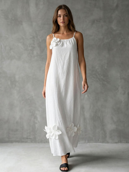 A-Line Loose Pleated Solid Color Split-Joint Three-Dimensional Flower Spaghetti-Neck Midi Dresses