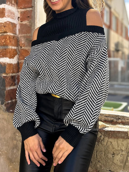 Loose Puff Sleeves Contrast Color Split-Joint Cold Shoulder Sweater Tops
