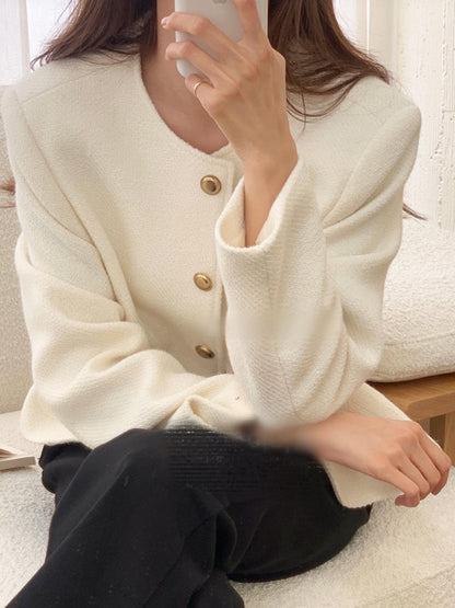 Long Sleeves Loose Buttoned Pockets Round-Neck Outerwear