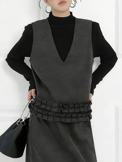 Contrast Color Ruffled Split-Joint V-Neck Vest Top + Elasticated Waist High Waisted Pleated Skirts Bottoms Two Pieces Set