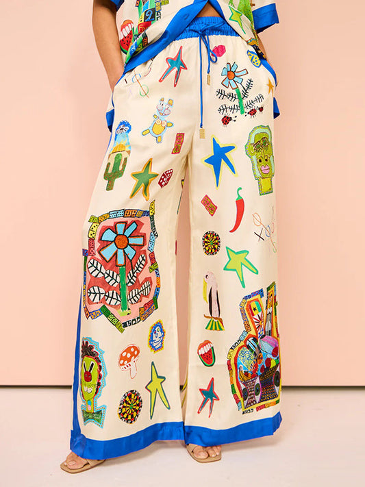 High Waisted Loose Asymmetric Printed Split-Joint Pants Trousers