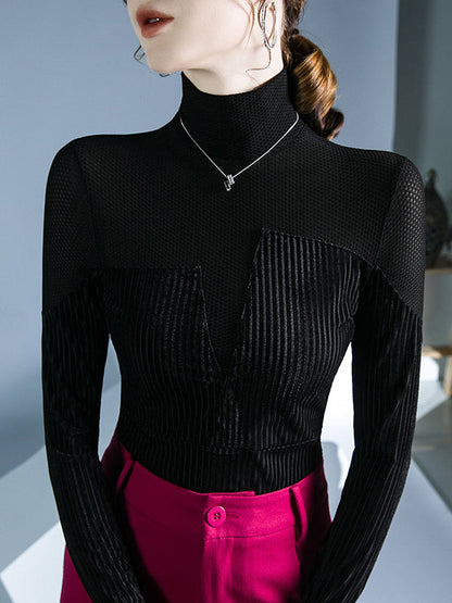 Long Sleeves Skinny Contrast Color Split-Joint High Neck T-Shirts Tops