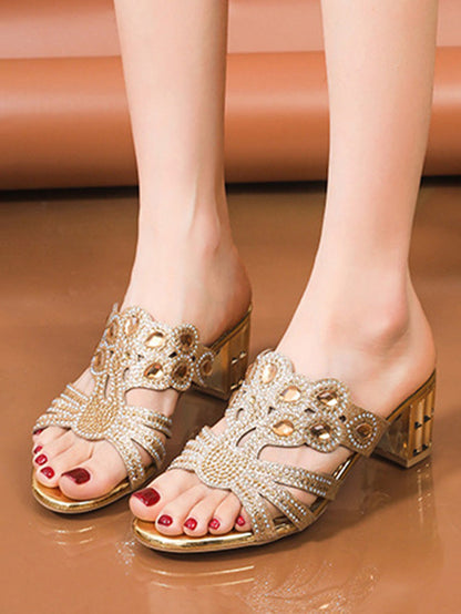 Square Heel Open Toe Rhinestone Pumps