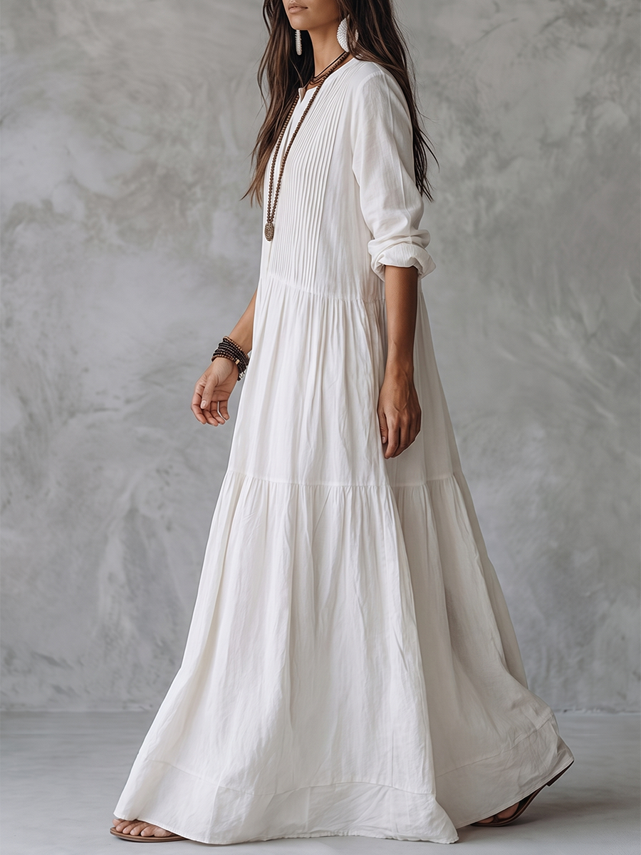 Split-Joint Solid Color Pockets Pleated Buttoned Loose Long Sleeves Round-neck Maxi Dresses