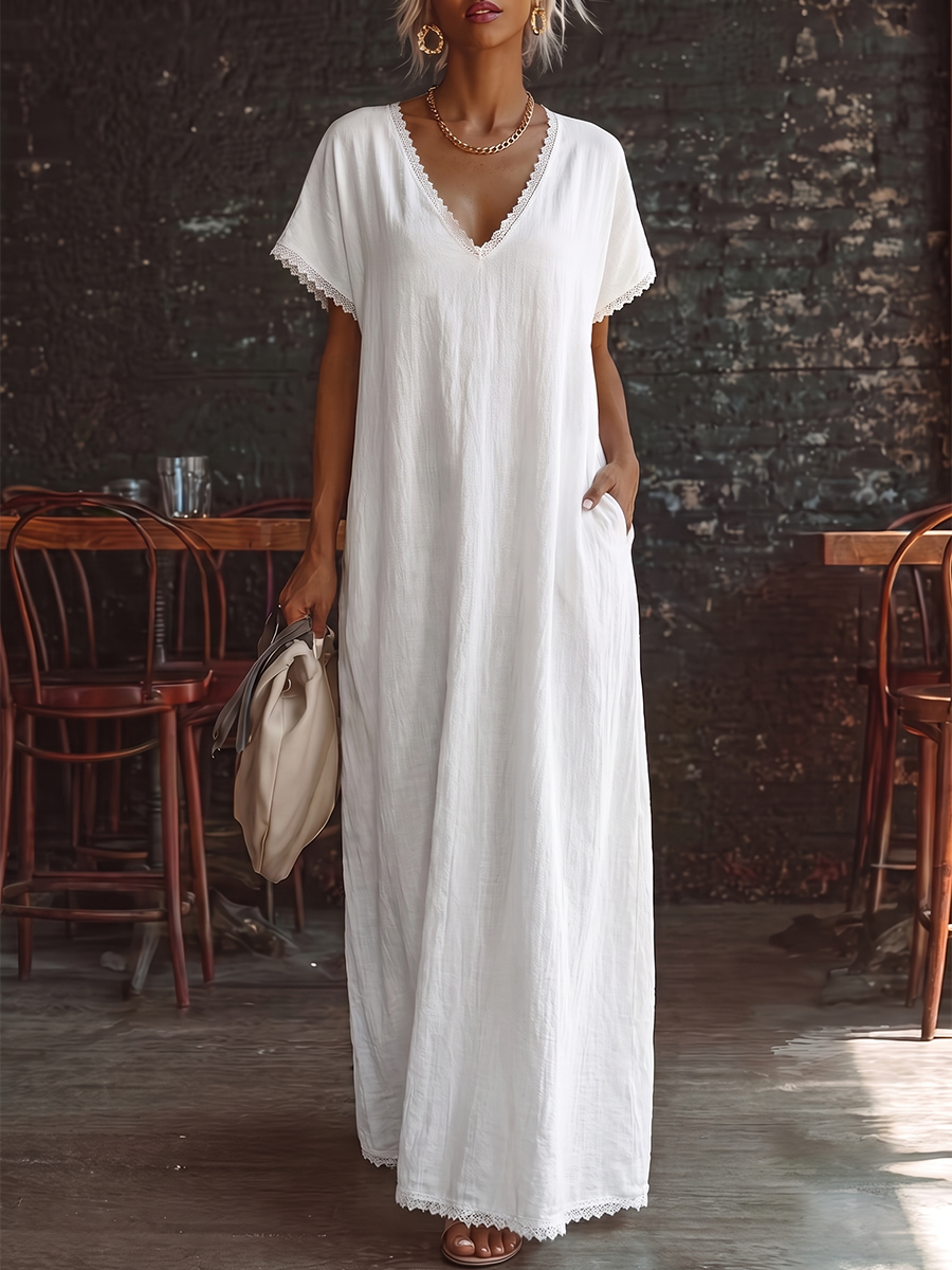 Split-Joint Solid Color Pockets Short Sleeves Plus Size V-neck Midi Dresses