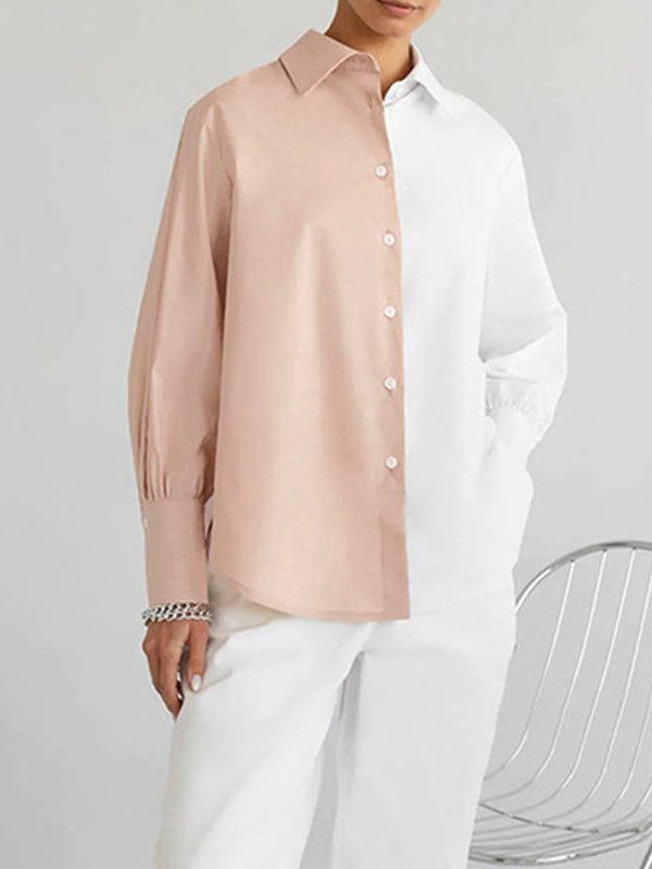 Long Sleeves Loose Buttoned Contrast Color Lapel Blouses&Shirts Tops